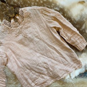 ZARA Blush Pink Linen & Crochet Lace Blouse